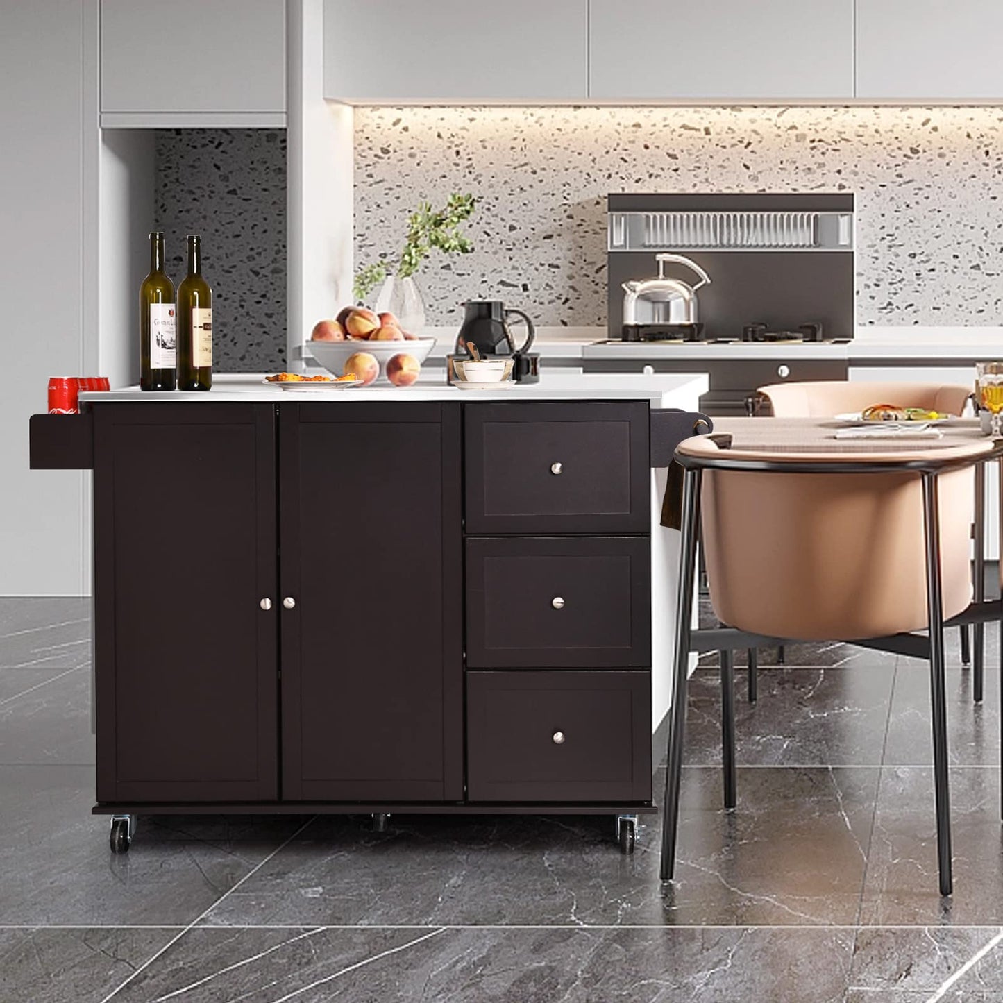 KOMFOTTEU Movable Kitchen Island with Stainless Steel Worktop, Kitchen Trolley with 3 Drawers & Towel Rail & Adjustable Shelf, Kitchen Cabinet on Wheels, Kitchen Trolley 135 x 45.5 x 91.5 cm (Black)