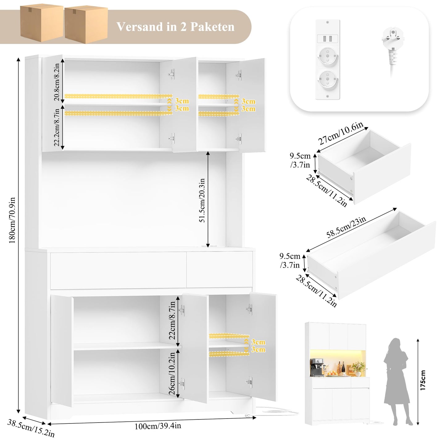 FirFurd 180 cm Kitchen Cabinet with Worktop and LED, Buffet Cabinet, Tall Cabinet with Power Strip and Adjustable Shelves, Sideboard for Kitchen, Living Room, Dining Room, 100 x 38.5 x 180 cm, White