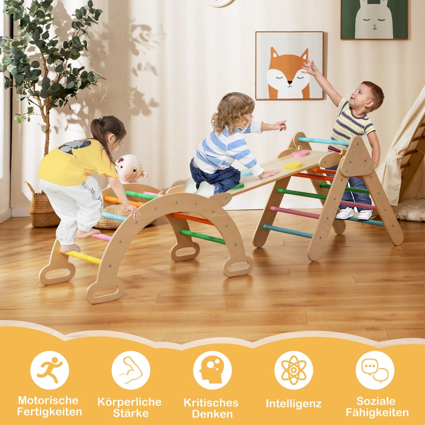 COSTWAY Kletterdreieck mit Rutsche, Kletterbogen, inkl. doppelseitige Rampe, zum Klettern, Rutschen und Wippen, 4 in 1 Klettergerüst Indoor ab 1 Jahr (Macaron bunt)