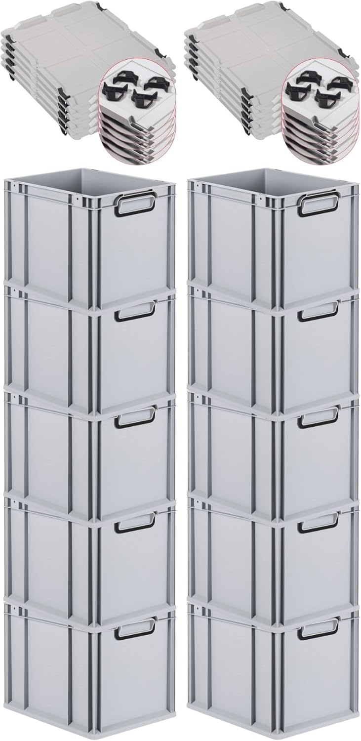 PROREGAL Economy Set of 5 Eurobox NextGen Colour with Lid and Sliding Snap Fasteners, H x W x D 22 x 30 x 40 cm, 20 L, Black, Closed Handles, Euro Container, Transport Box, Transport Container