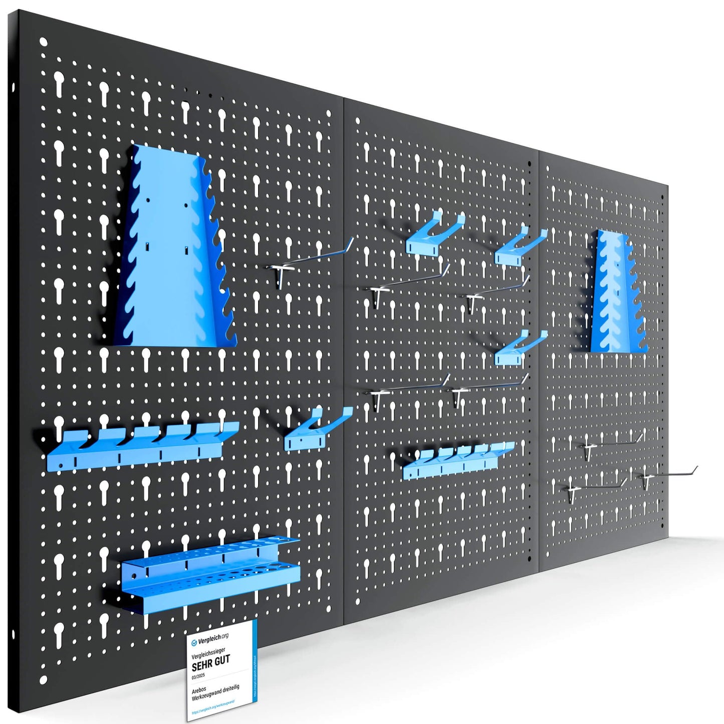 Arebos Tool Wall 3 Panels, 17- Piece Hook Set, 120 x 60 x 2 cm