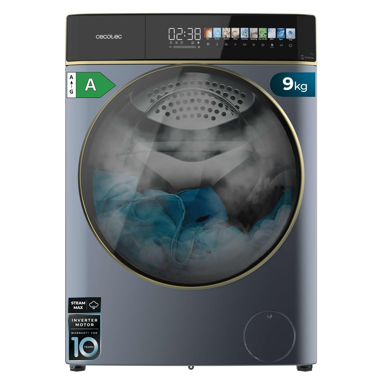 Cecotec Washing Machine 10 kg Front Loader Bolero Dress Code 10950 Car Socket Inverter 3D Steel A. 1400 rpm, Matrix Display 9.2 Inches, 16 Prog, Low Consumption, Inverter Plus Motor, Auto Dosage,