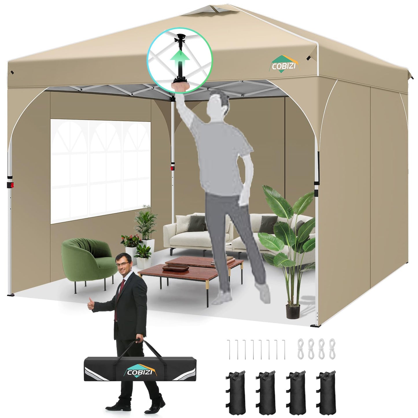 COBIZI Faltpavillon 3x6 Pavillon wasserdicht Winterfest, Ein-Tasten-Zentralverriegelung Partyzelt Faltbar Anti-UV mit 6 Seitenwänden, Gartenpavillon mit Leuchtstreifen für Hochzeiten, Freien, Garten