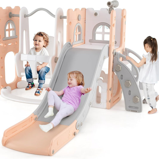GOPLUS 7 in 1 Kinderrutsche, Kinderrutsche und Kletterspielset mit Leiter, Basketballkorb, Schaukel, Teleskop, Stauraum & rutschfeste Pedale, Indoor Spielplatz für Kinder von 1-3 Jahren (Gelb+Grün)