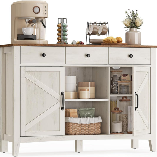VASAGLE Kitchen Cabinet, Sideboard with Drawers, Storage Cabinet with Doors, Adjustable Shelf, Country Style for Living Room, Kitchen, 40 x 114.5 x 80 cm, Vintage White/Honey Brown BBK371W02V1