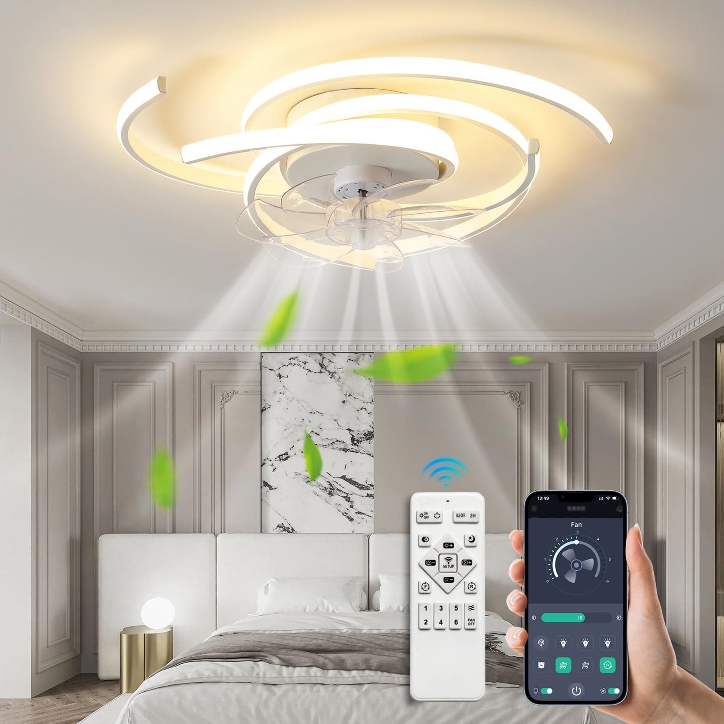 LED Lighting with Mute Ceiling Fan 45W Ceiling Light with Fan Light, App and Remote Control, Creative Shape Acrylic Shade (White) Living Room Bedroom Kitchen (White)