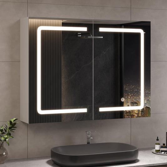 DICTAC Bathroom Mirror Cabinet with LED Lighting 70 x 16 x 60 cm Single Door Bathroom Mirror Cabinet with Adjustable Shelf and Open Storage Space, Bathroom Cabinet with Mirror, Wall Cabinet, Bathroom
