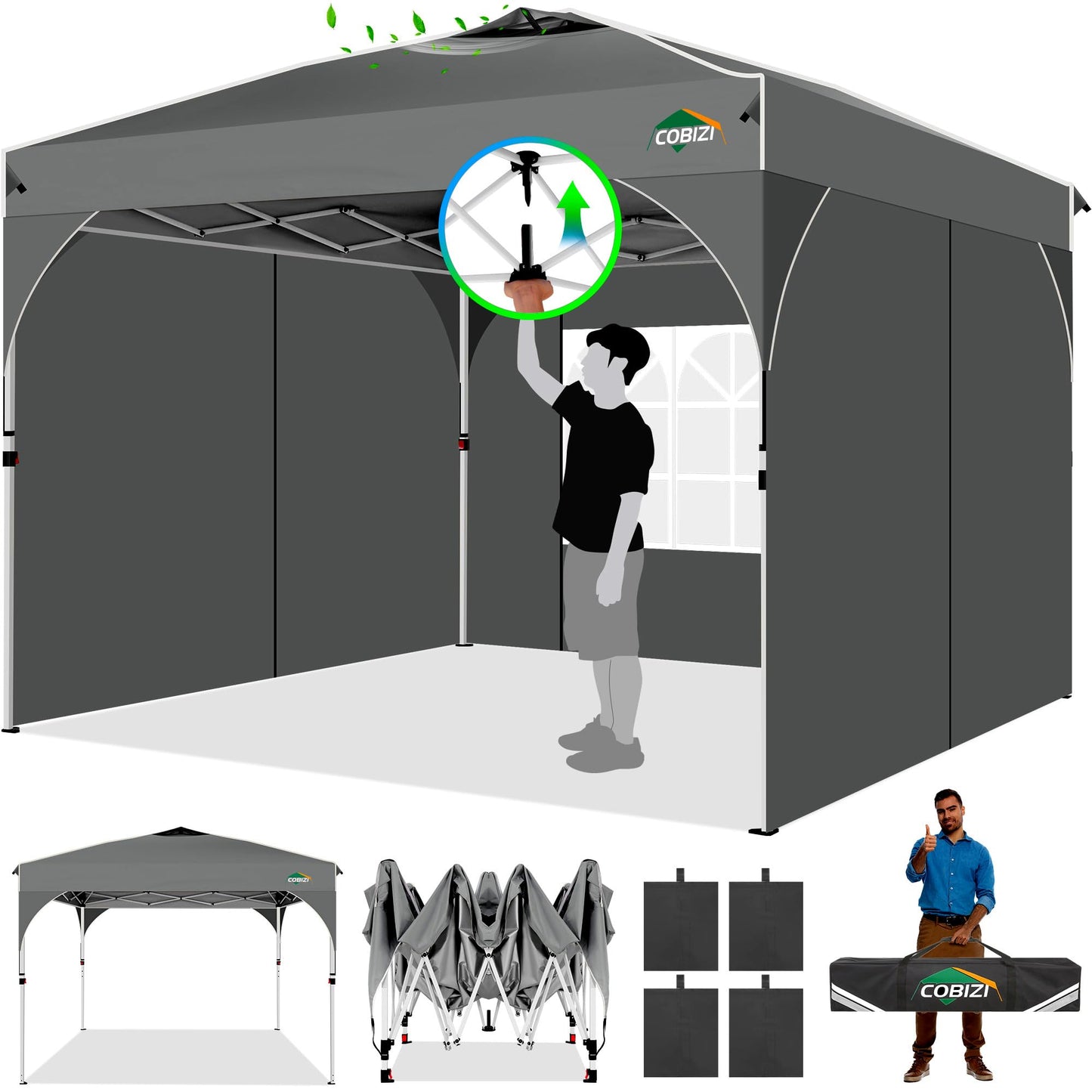 COBIZI Folding Gazebo Gazebo 3 x 6 Waterproof Winterproof Garden Gazebo Party Tent Pop Up Gazebo Foldable Tent with 6 Side Waves with Ventilation Openings, Sandbag for Market, Outdoor Event, Black