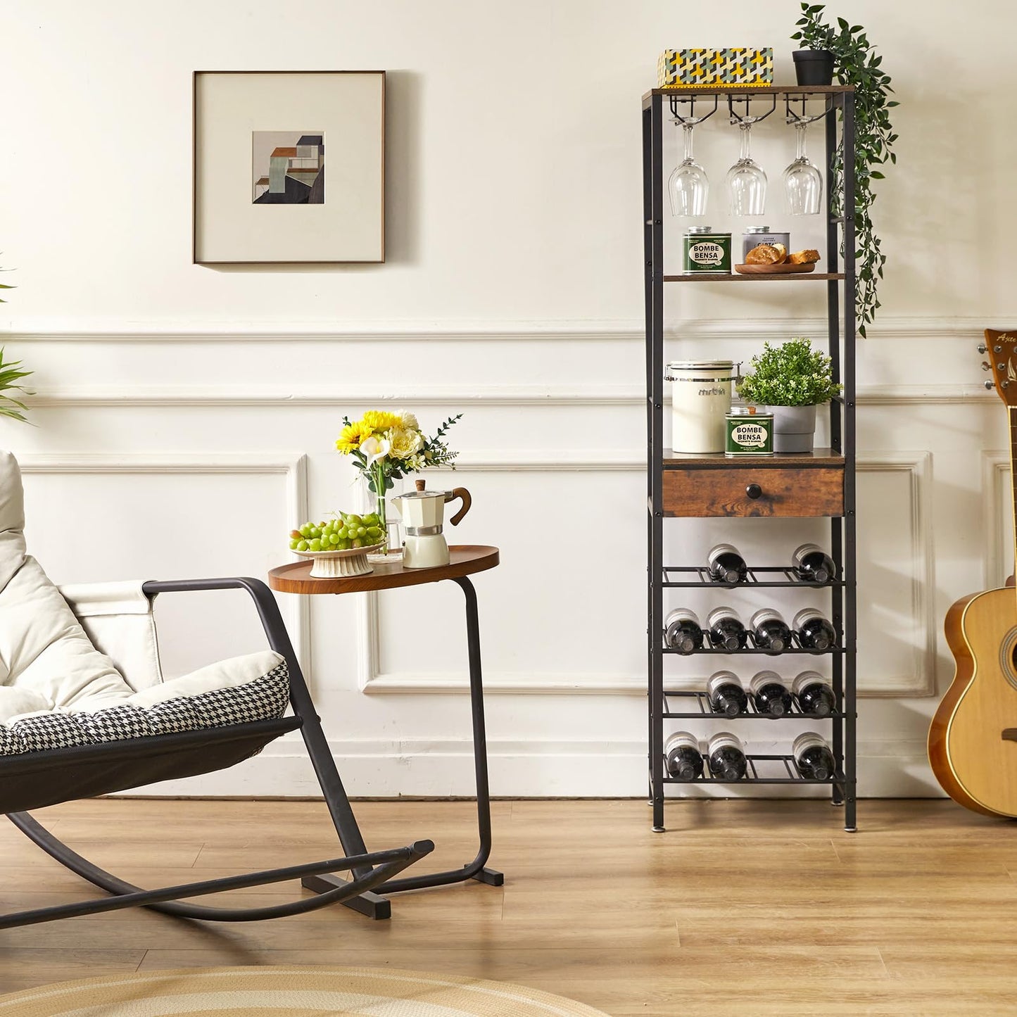 IBUYKE TMJ905H Wine Rack, 4-Layer Freestanding Wine Rack with Glass Holder and Drawer, 16 Bottle Rack, Countertop Wine Rack with Table Top Shelf, for Kitchen, Bar, Dining Room, Vintage Brown