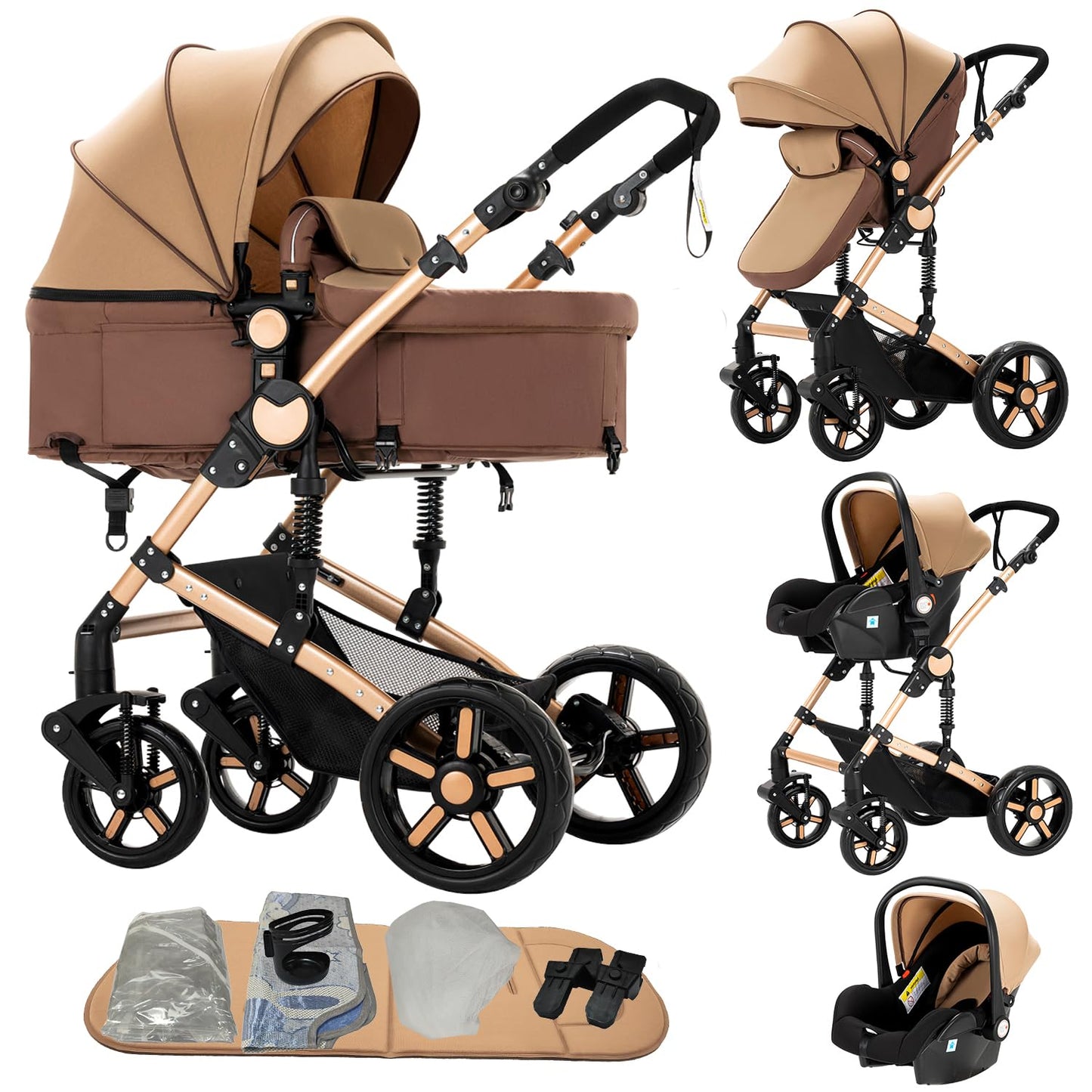 Doraystar 360° Rotation PU Leather Pushchair 3-in-1 Combination Pushchair 3-in-1 with Two Reversible Sliding Modes, Pushchair Complete Set with One-Click Folding Design, Aluminium Alloy Frame (906