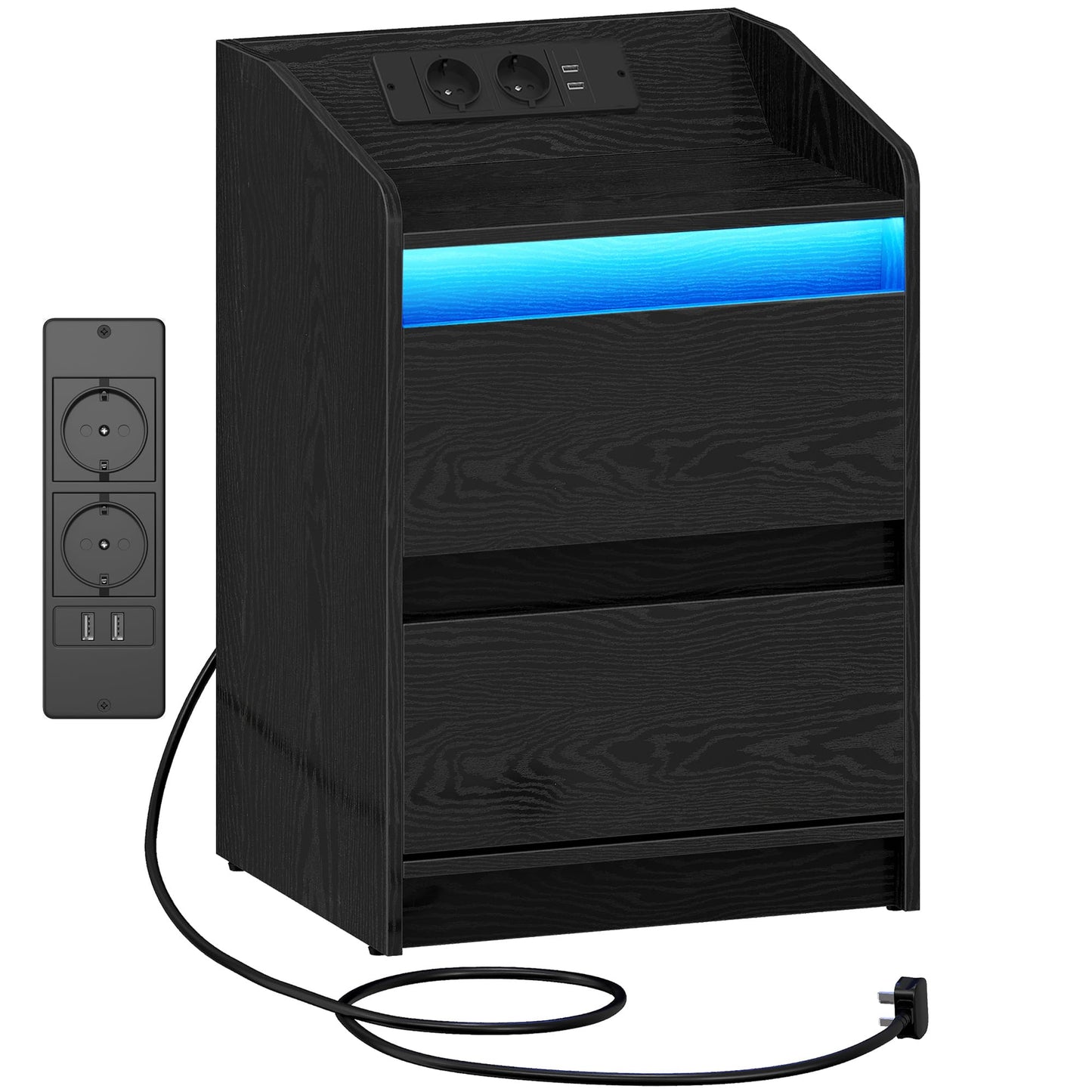 Hzuaneri Bedside Tables Set of 2 LED Lights, Charging Station and 2 Drawers, Side Table with USB Ports & Sockets, Stylish and Versatile, for Living Room and Bedroom, Black NS30104X