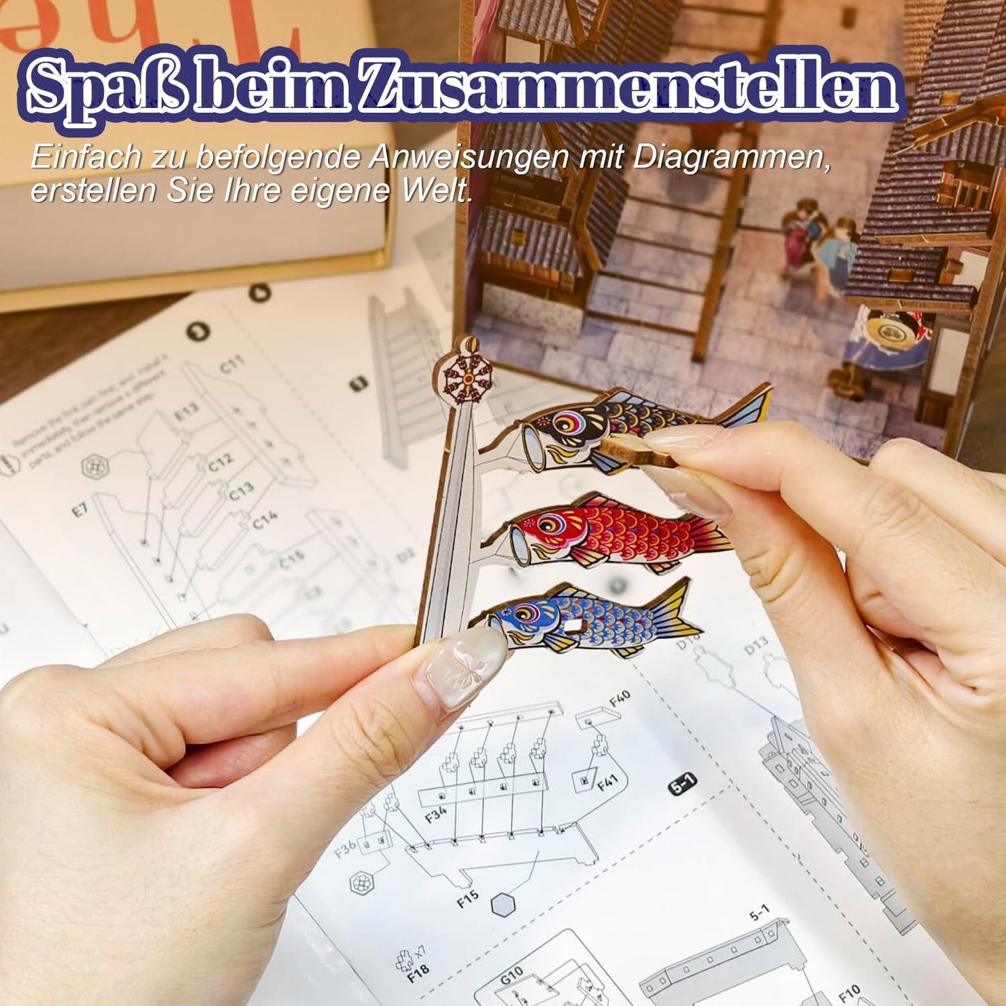 Book Nook Japan, Sakura Straße Booknook Japanischer Kit, 293PCS DIY Miniature House mit Licht, 3D Puzzle für Erwachsene und Heranwachsende, Japanische Deko Holzpuzzle Erwachsene Bücherregaldekoration