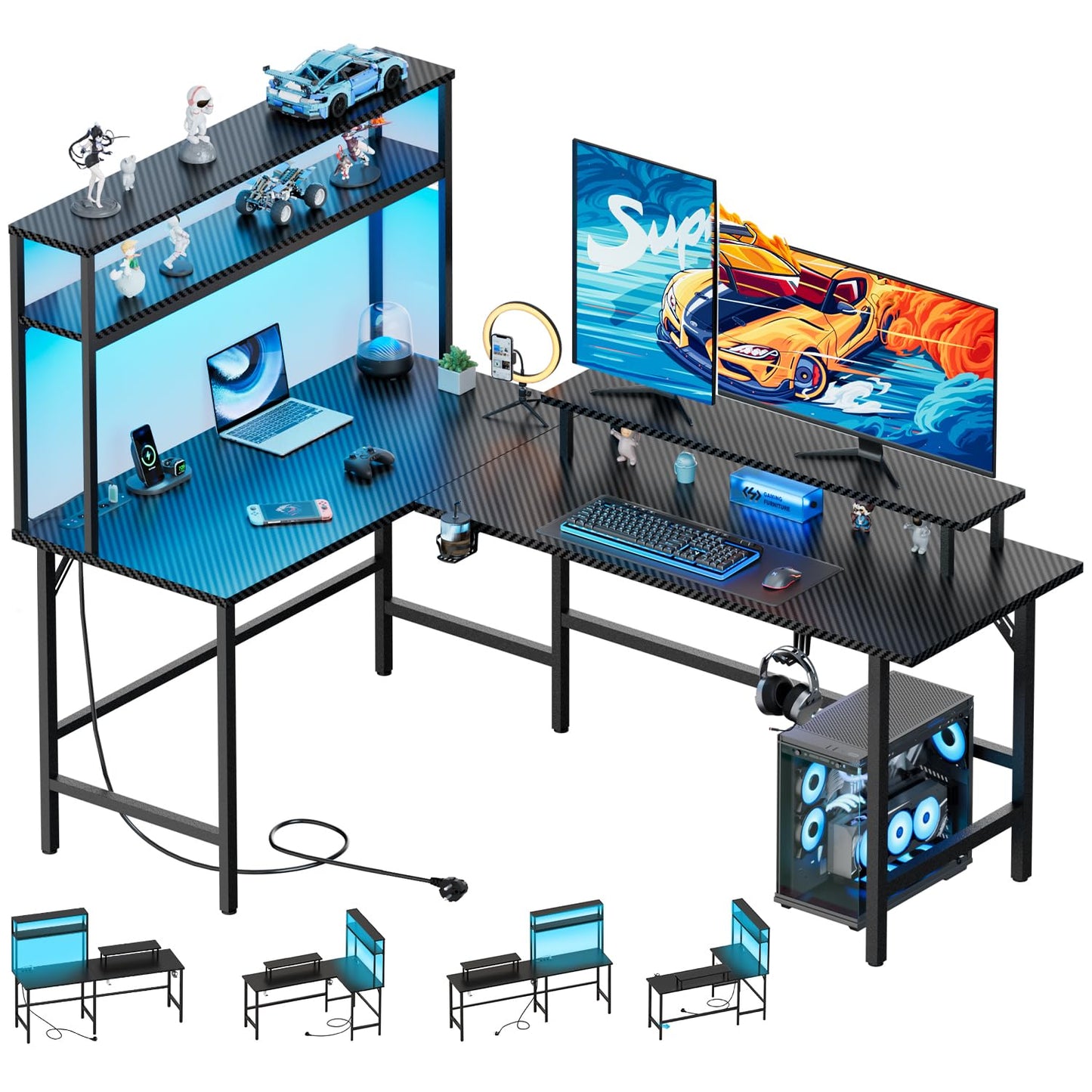 Gaming Table with LED, 150 x 100 cm Corner Desk with 3 Sockets and 2 USB, Reversible Gaming Desk L Shape, Computer Desk with Monitor Stand and Countertop Shelf, Carbon Fibre Black