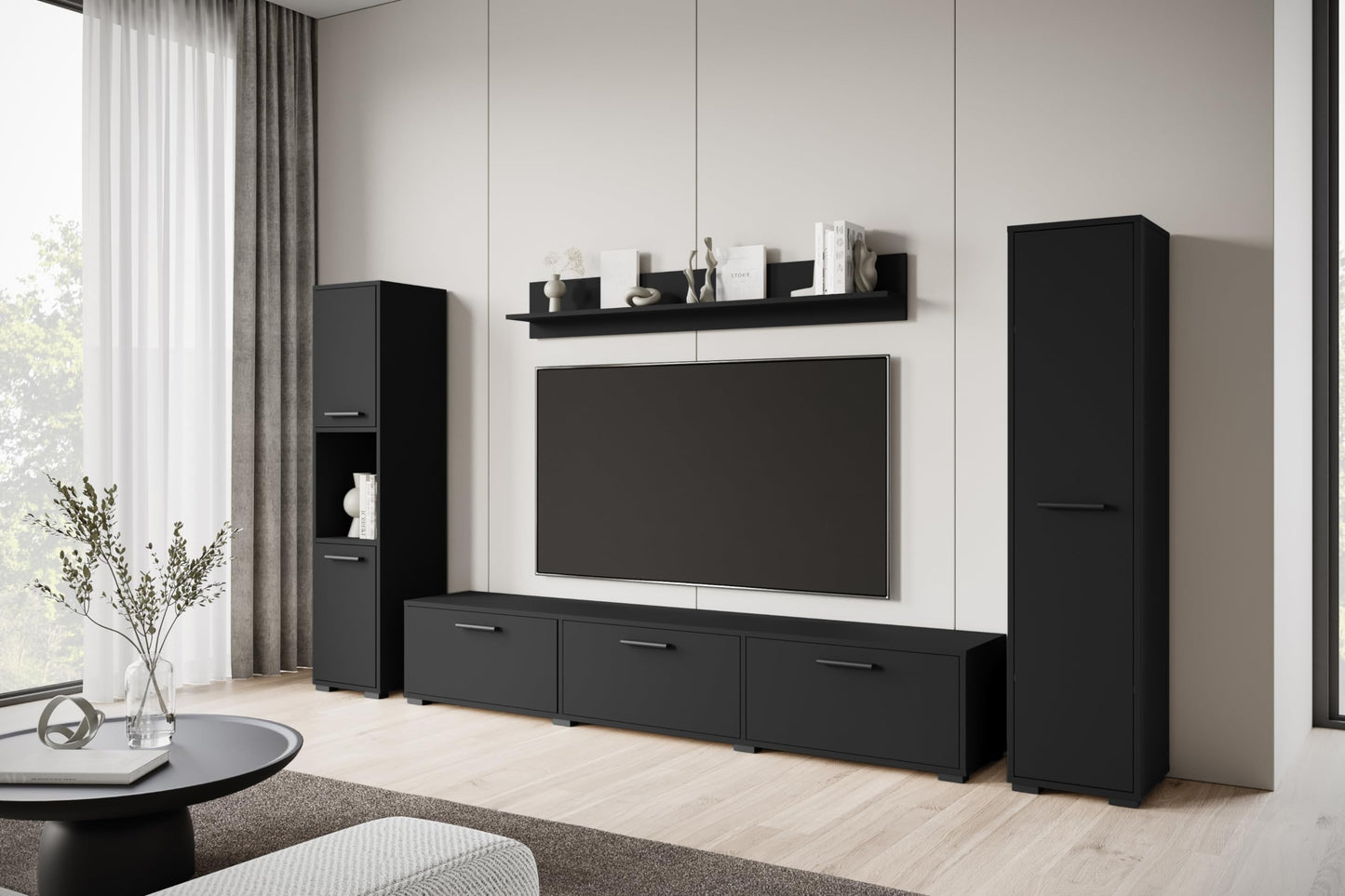 MINIO go for it - Living Room Wall Unit 4-Piece Toga, Living Room Furniture Set, 1 x TV Lowboard, 2 x Tall Cabinet, 1 x Wall Board, Living Room Furniture Complete, Living Room Set - Colour Wotan Oak