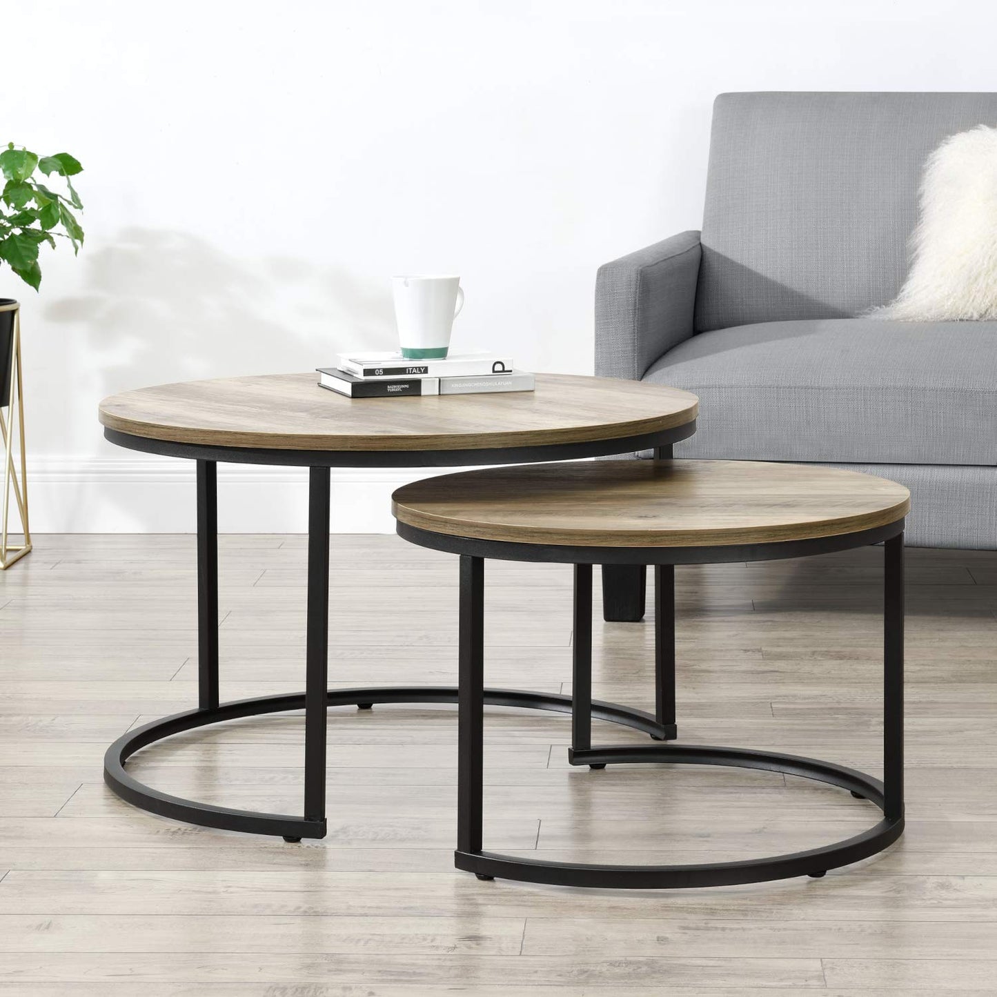 [en.casa] Christchurch Coffee Table, Set of 3, Round Sofa Table, Side Table with Metal Frame, Coffee Table, Marble Look, White/Gold