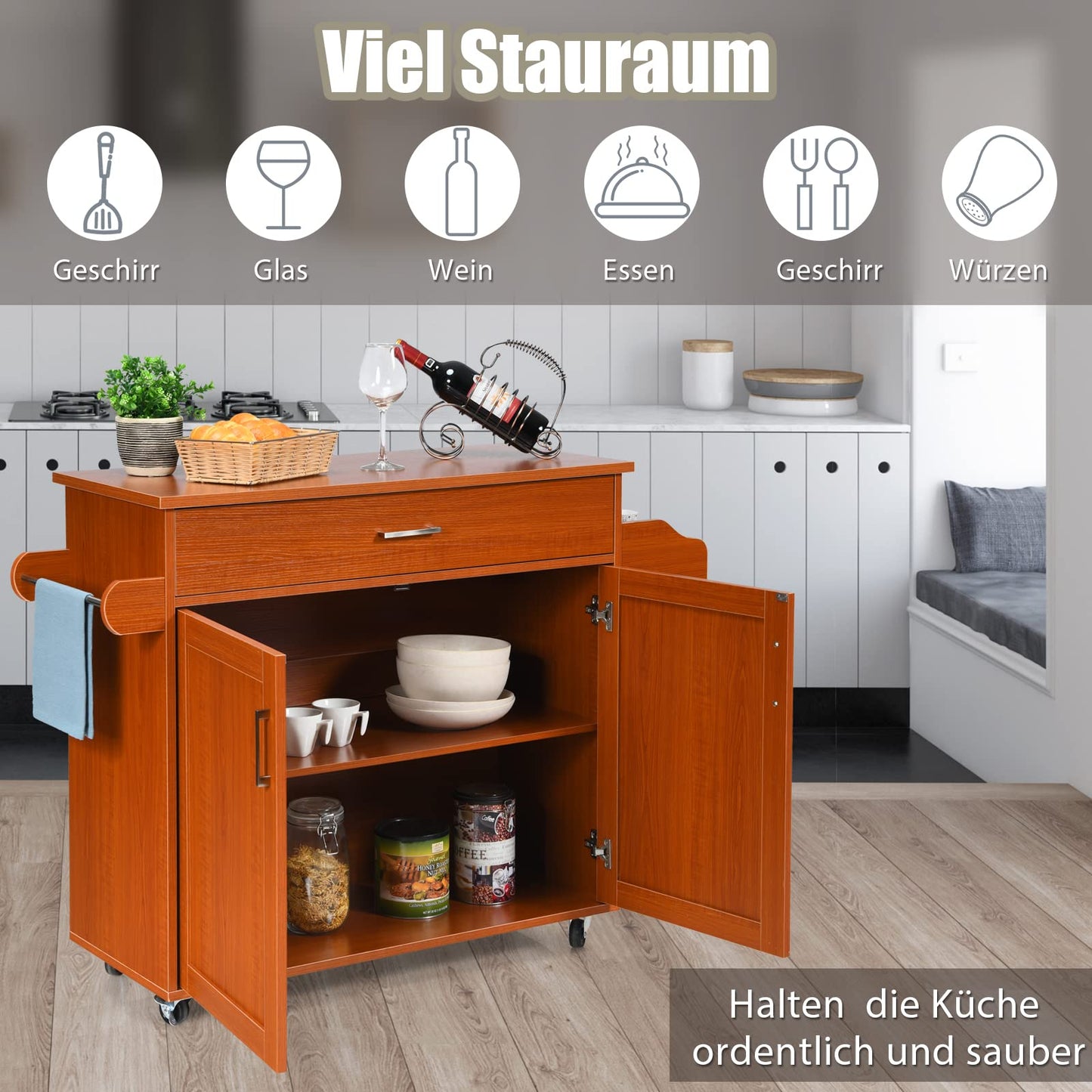 COSTWAY Kitchen trolley with towel holder and spice board, kitchen island with drawer and height-adjustable shelf, kitchen cabinet rollable, wooden serving trolley, kitchen island trolley (black)