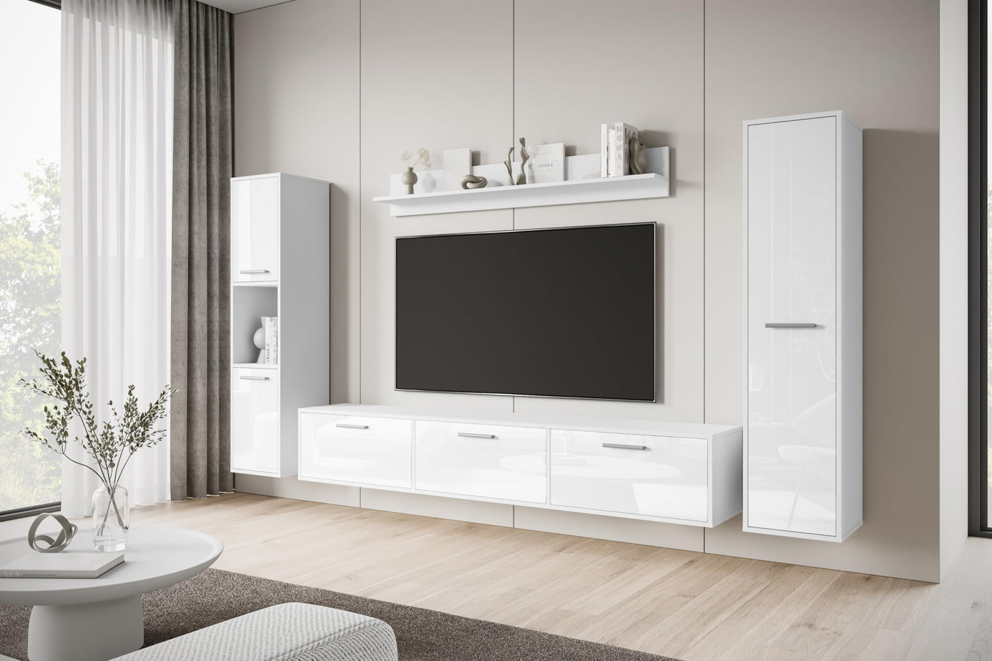 MINIO go for it - Living Room Wall Unit 4-Piece Toga, Living Room Furniture Set, 1 x TV Lowboard, 2 x Tall Cabinet, 1 x Wall Board, Living Room Furniture Complete, Living Room Set - Colour Wotan Oak