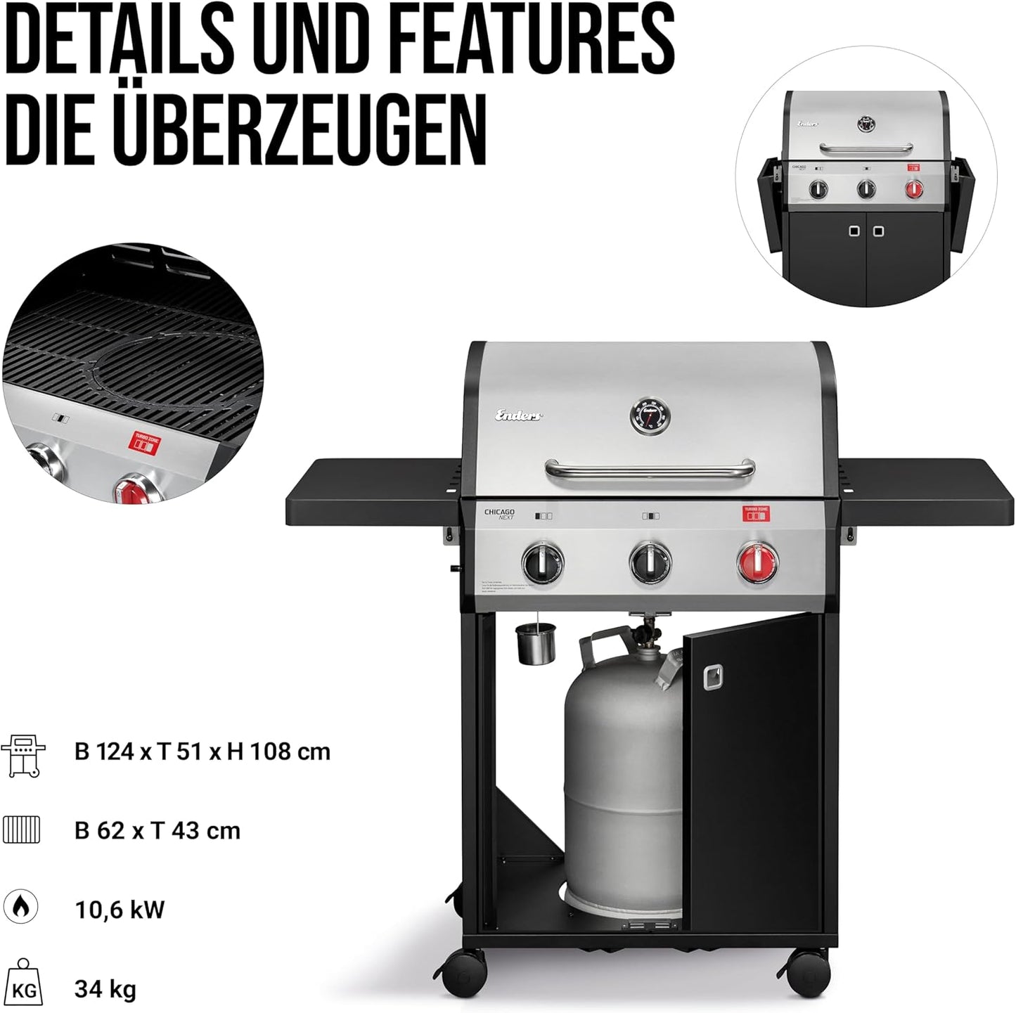 Enders Chicago Next 3 R Turbo Gas Barbecue, 3 Stainless Steel Burners, Double Walled Cooking Hood, 2 Folding Side Shelves, Integrated Thermometer, 10.6 kW Switch Grid™, 800° Turbo Zone™ #89346