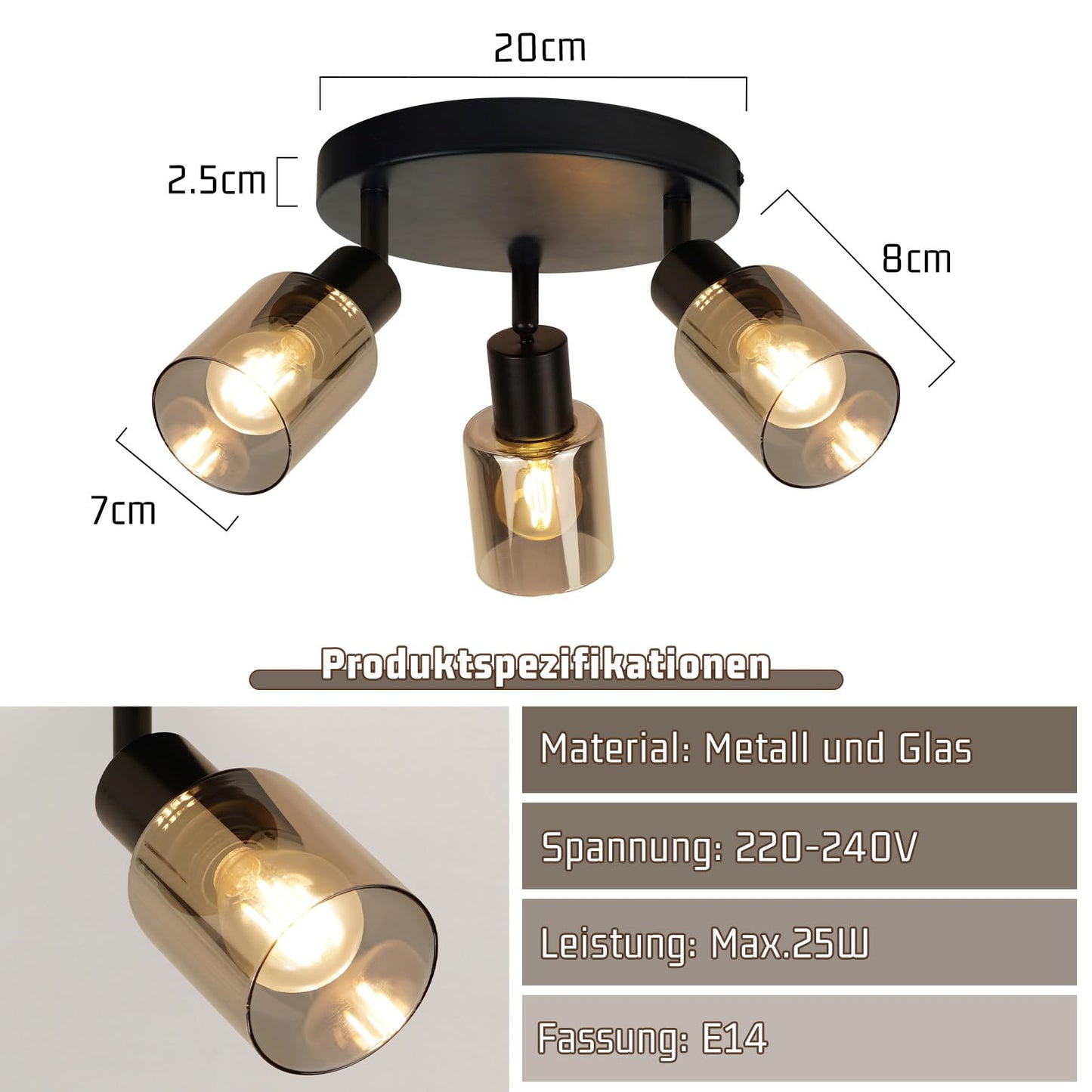 Kowanie Deckenlampe Vintage 6 flammig: Industrial Wohnzimmerlampe Schwarz Deckenleuchte Wohnzimmer retro Kronleuchter aus Glas Deckenbeleuchtung inkl. 6 × E14 2700K Leuchtmittel für Küche