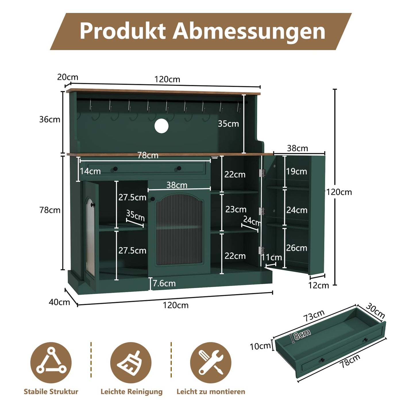 HOLTICO Küchenschrank mit Arbeitsplatte, Küchenbuffet Buffetschrank Grün, Weinschrank mit Schublade und Oberer Ablage, Kommoden & Sideboards für Wohnzimmer, Esszimmer