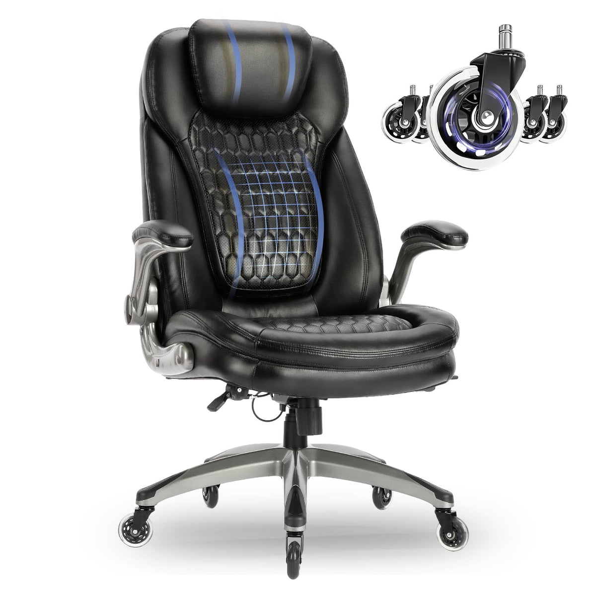 COLAMY Chefsessel aus Atmungsaktivem Leder – Ergonomischer Bürostuhl mit Taschenfederkern-Sitzkissen, Flip-up-Armlehnen& Leisen Rollen für Homeoffice und Büro, Schwarz