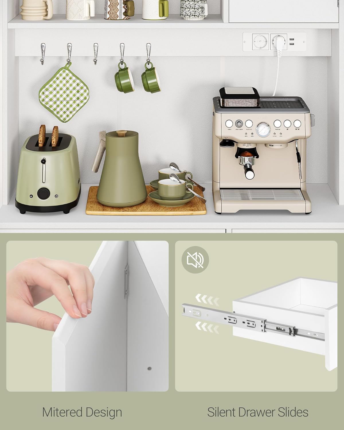 Hzuaneri PT00203XEU Kitchen Cabinet, Buffet Cabinet, Tall Cabinet with Sockets and LED Light Strips, with Worktops and Two Drawers, Adjustable Shelves, Kitchen, 40 x 100 x 180 cm, White