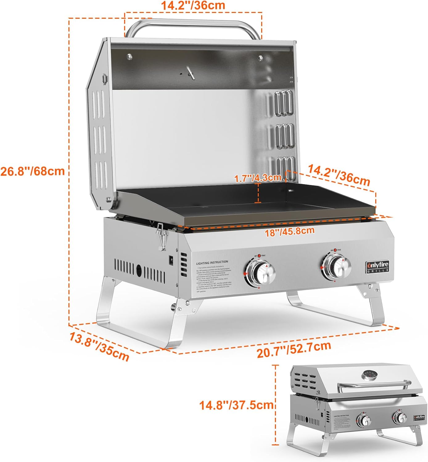 Onlyfire 2-Burner Gas Barbecue Small Stainless Steel 4.7 kW with Foldable Trolley, Side Shelves and Grill Grate, Garden Grill, Outdoor Gas Grill for Balcony Camping