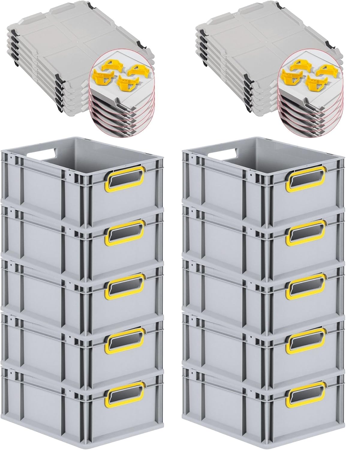 PROREGAL Economy Set of 5 Eurobox NextGen Colour with Lid and Sliding Snap Fasteners, H x W x D 22 x 30 x 40 cm, 20 L, Black, Closed Handles, Euro Container, Transport Box, Transport Container