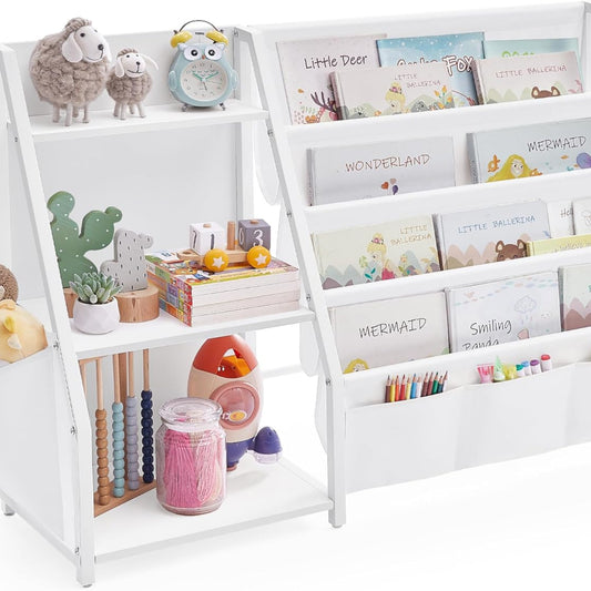 SONGMICS Bücherregal Kinder, Kinderregal, Spielzeugregal, Bücher-Organizer, mit Seitentasche, 75 cm hoch, für Kinderzimmer, Spielzimmer, weiß GKR024W01