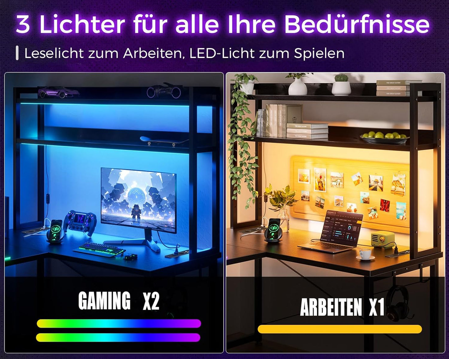 ODK Eckschreibtisch Weiß mit Stall, 150×120 cm Reversibel Gaming Tish L Form mit LED, Computertisch mit USB-Ladeanschluss&Steckdose, Gaming Schreibtisch für das Heimbüro