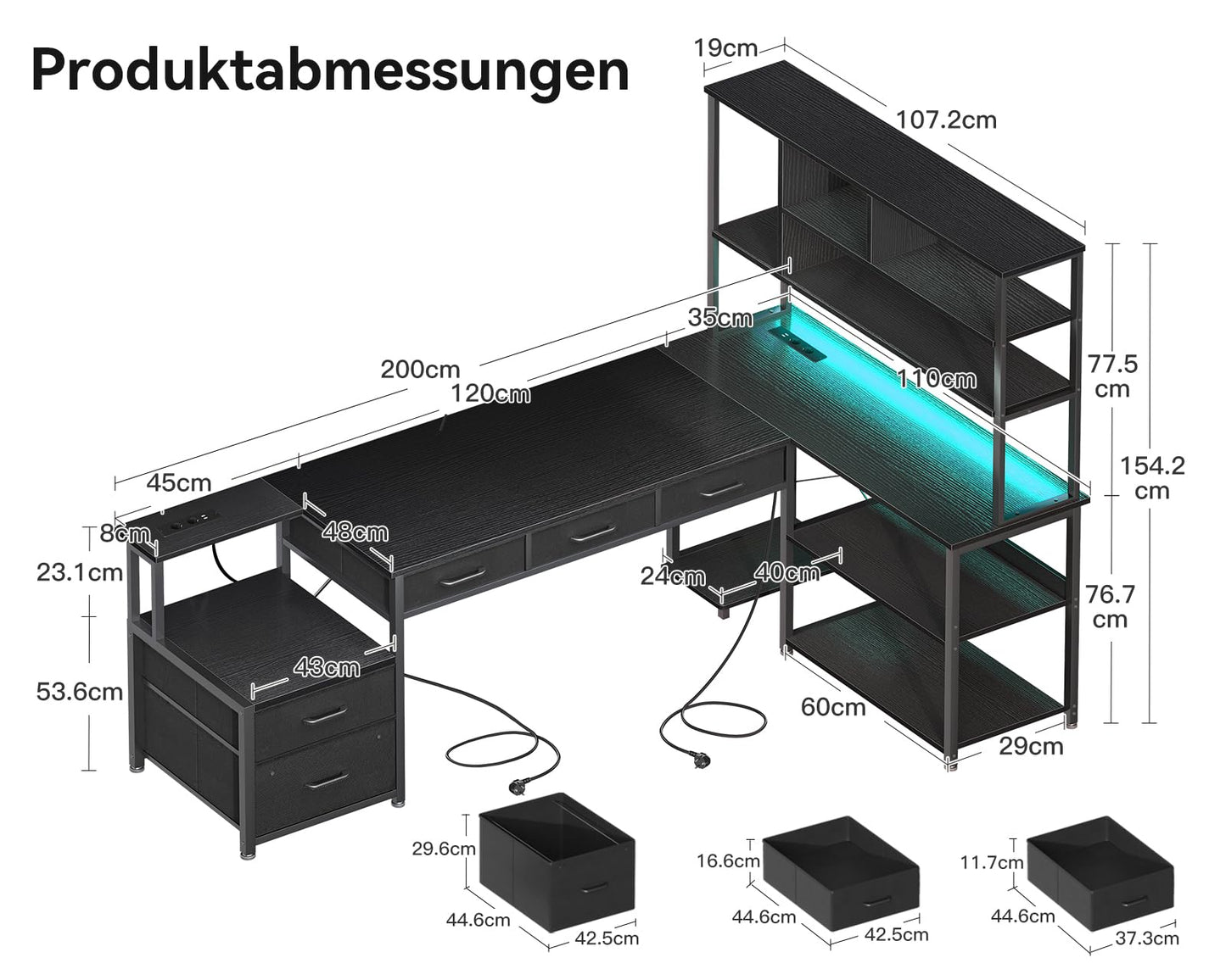 Coleshome Corner Desk with 5 Drawers and 4 Shelves, 200 x 110 cm Desk L-Shape with LED, Sockets & USB, Large Desk for Home Office, Black