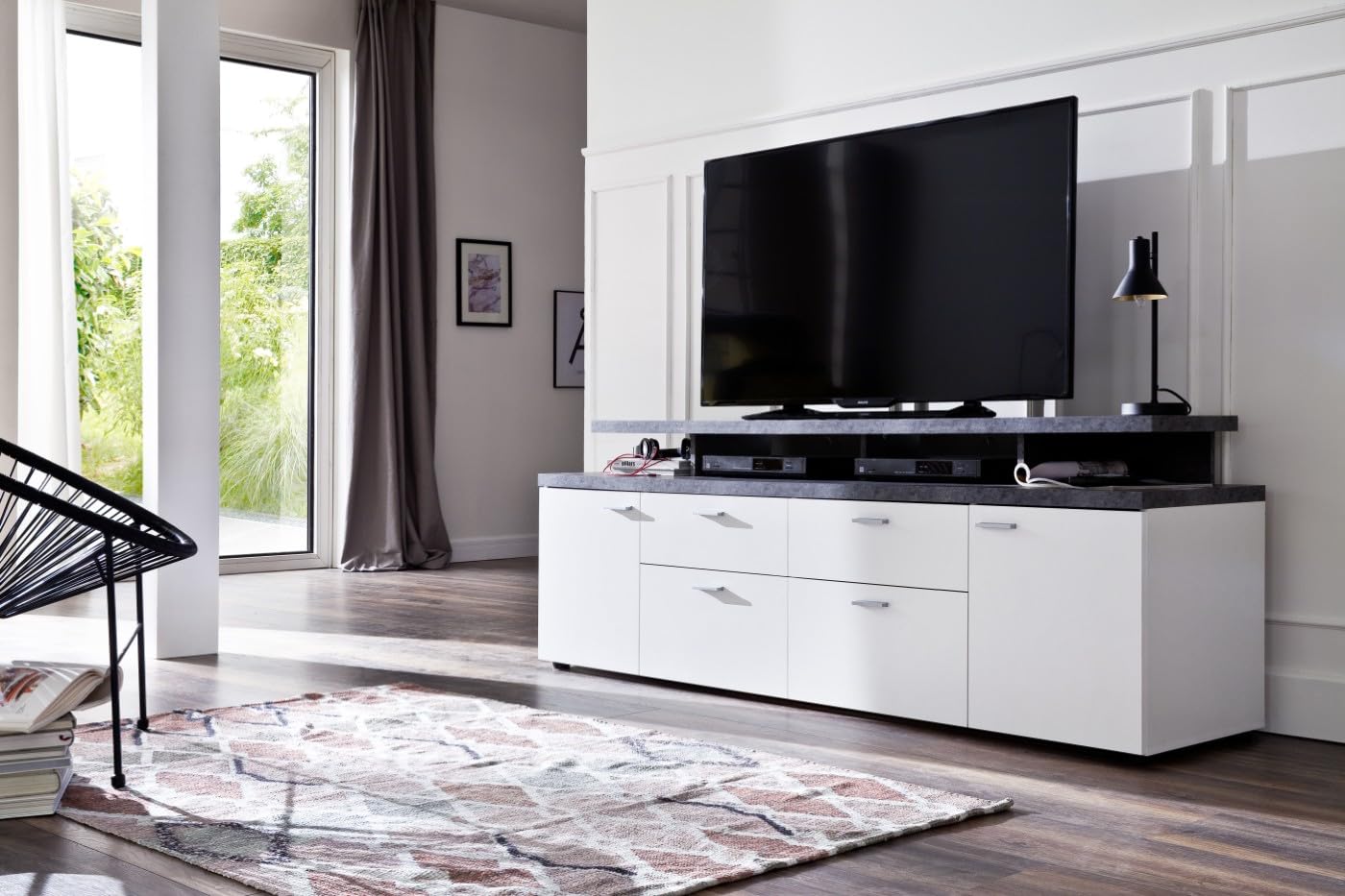 trendteam smart living - Mood - TV cabinet - white/grey - TV lowboard with 2 doors, 2 drawers and 2 flaps - (W x H x D) 180 x 66 x 47 cm - cable guide