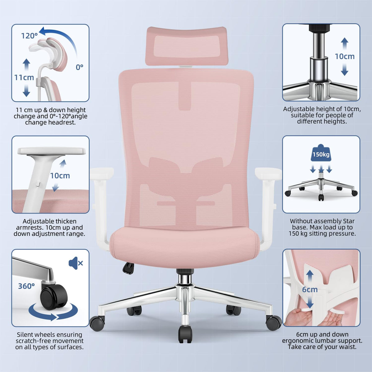 Ergonomic Office Chair with Adjustable Lumbar Support, Armrests and Headrest, Swivel Office Chair 150 kg, Desk Chair, Executive Chair, Rocker Function up to 135°