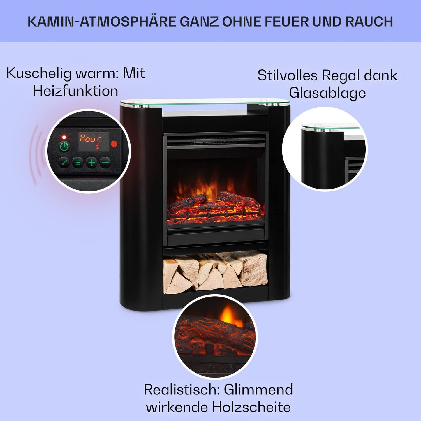Klarstein Elektrokamin, Elektro Heizungen für Wohnzimmer & Innenräume, Elektrischer Kamin mit LED Flammen, Sparsamer Elektroofen, Heizlüfter mit Timer, Einstellbarer Thermostat, Heizung 1800 W