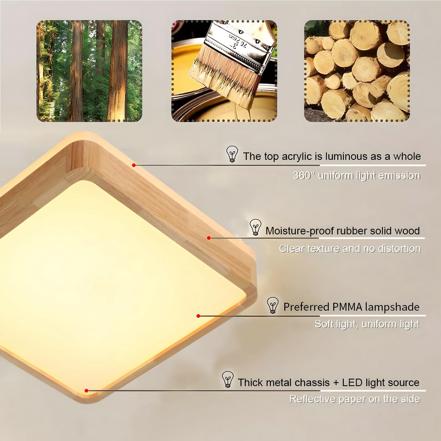 LED Wooden Ceiling Light, Diameter 30 cm, 3000 K, 1620 lm, 18 W, Ceiling Light with Square Top, 360° Luminous Natural Wood, Bedroom, Living Room, Children's Room, Kitchen, Dining Room (Warm White)