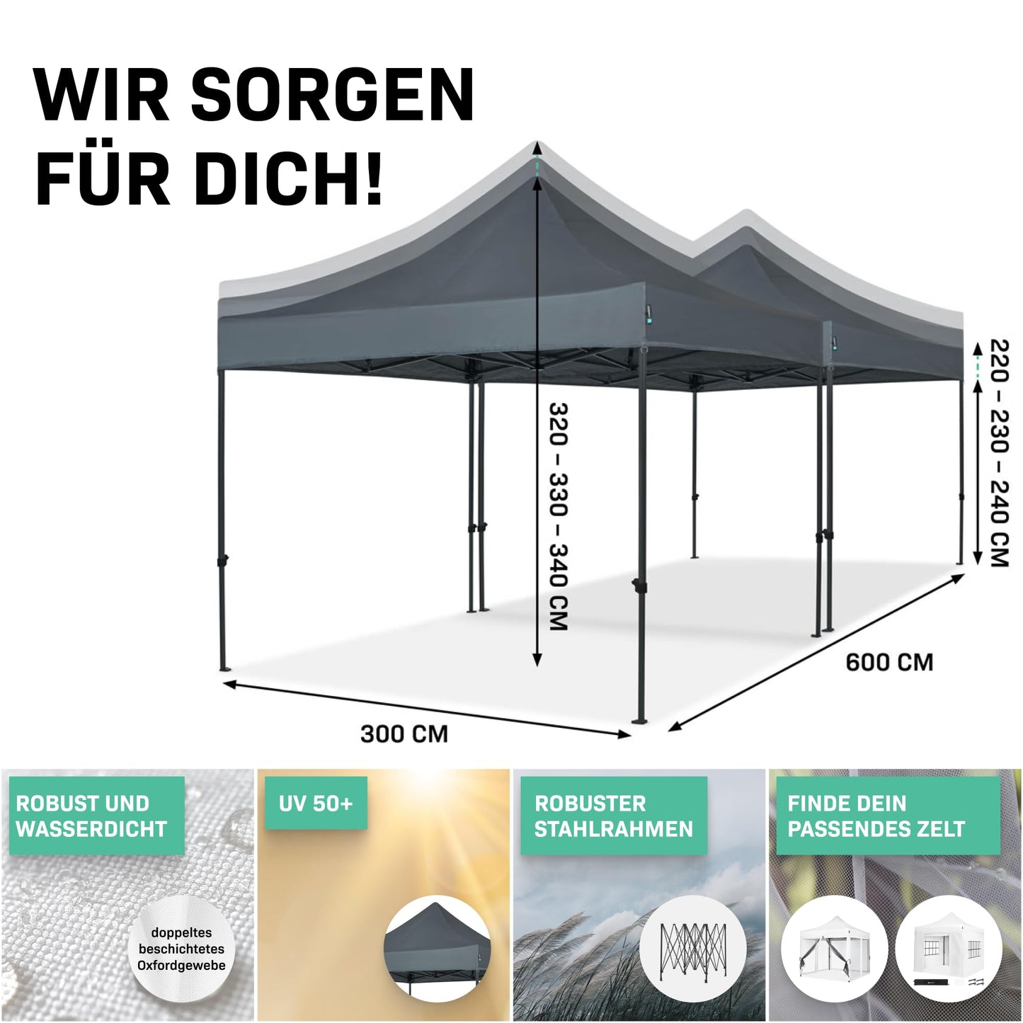 VONROC Gazebo 3 x 3 m Waterproof Stable – Party Tent EasyUp System [3Min Assembly] Pop-up Folding Gazebo Modular Expandable as Festival Tent, Garden Gazebo