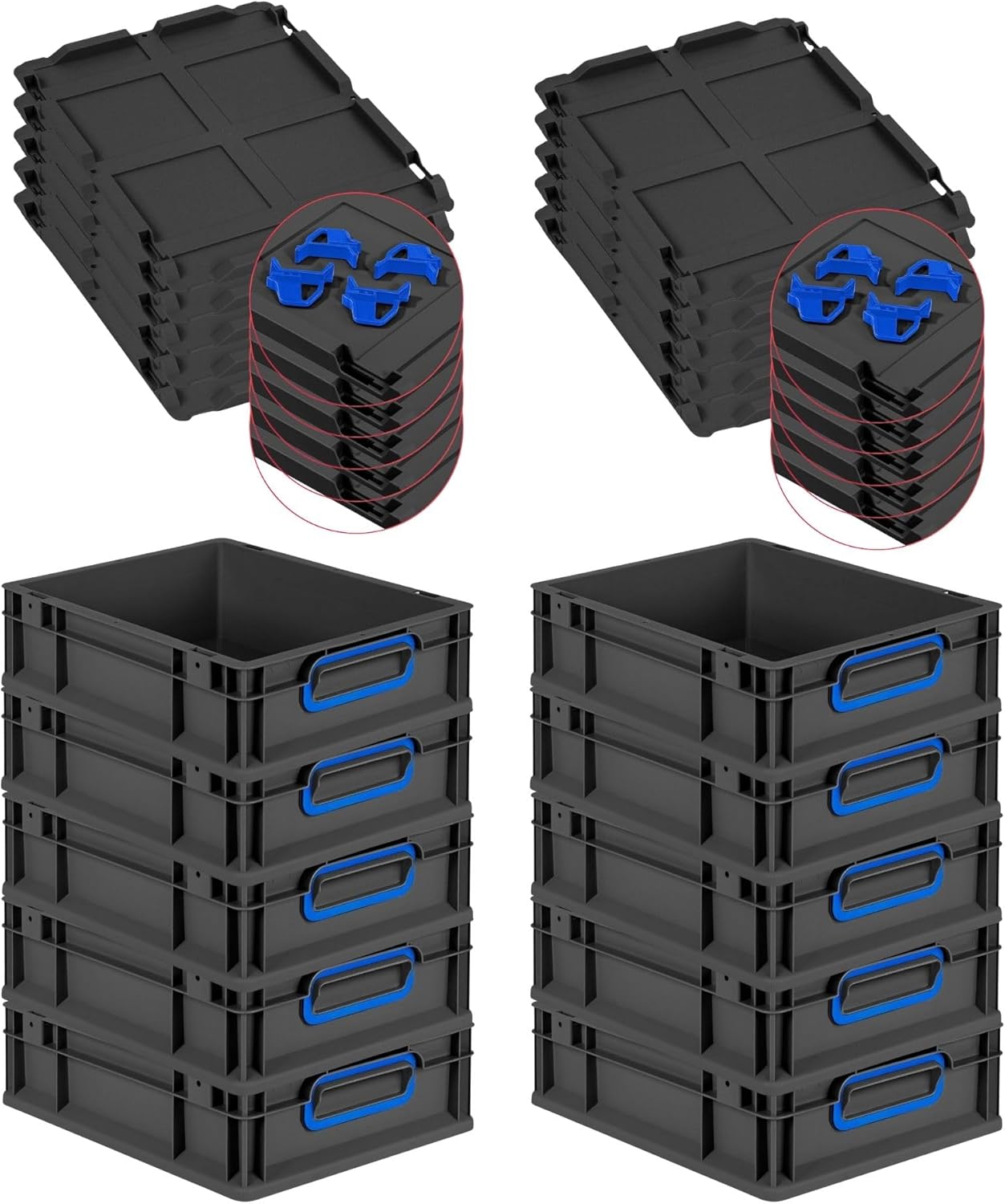 PROREGAL Economy Set of 5 Eurobox NextGen Colour with Lid and Sliding Snap Fasteners, H x W x D 22 x 30 x 40 cm, 20 L, Black, Closed Handles, Euro Container, Transport Box, Transport Container