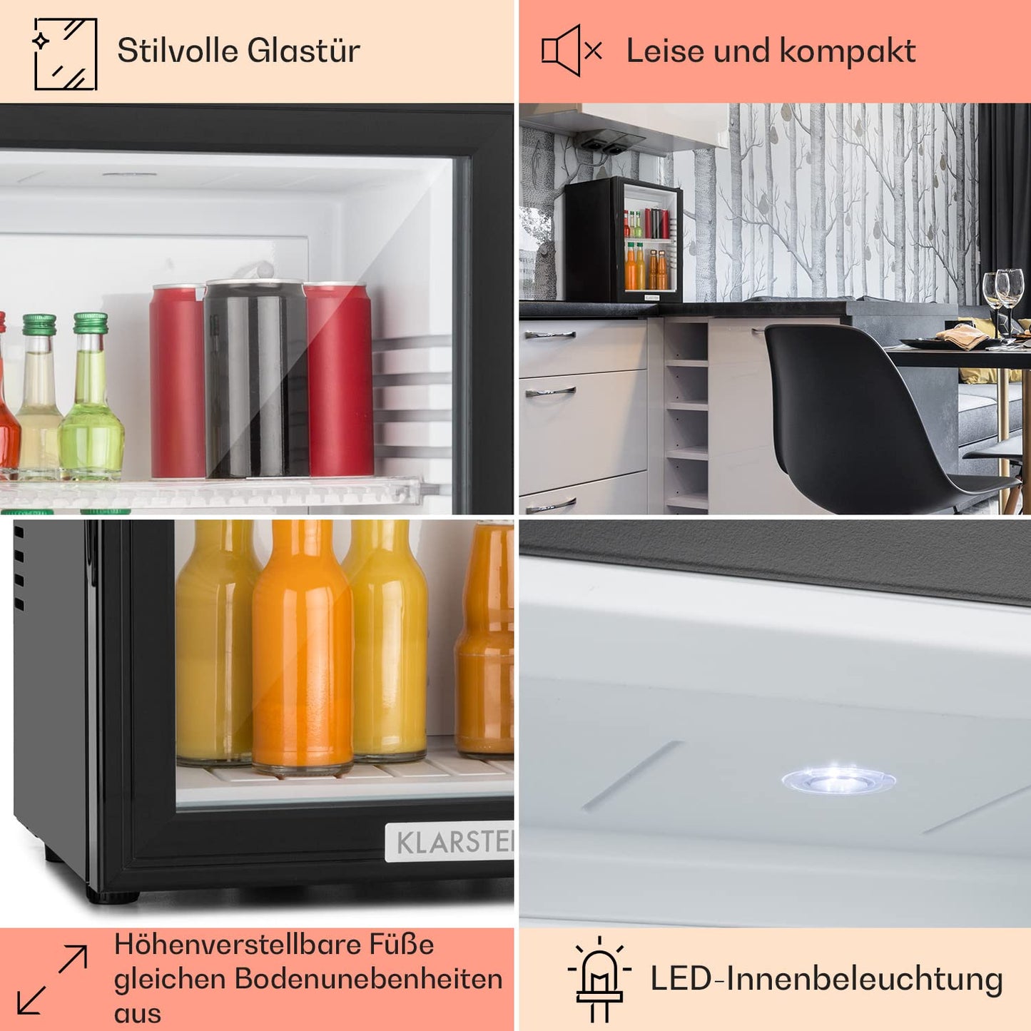 Klarstein Kühlschrank, Mini Kühlschrank mit Glastüre, Mini-Kühlschrank für Getränke, Snacks & Kosmetik, Kühlschrank Klein & Leise, Verstellbare Ablagen, Kleiner Skincare Kühlschrank 12-18°C, 23L