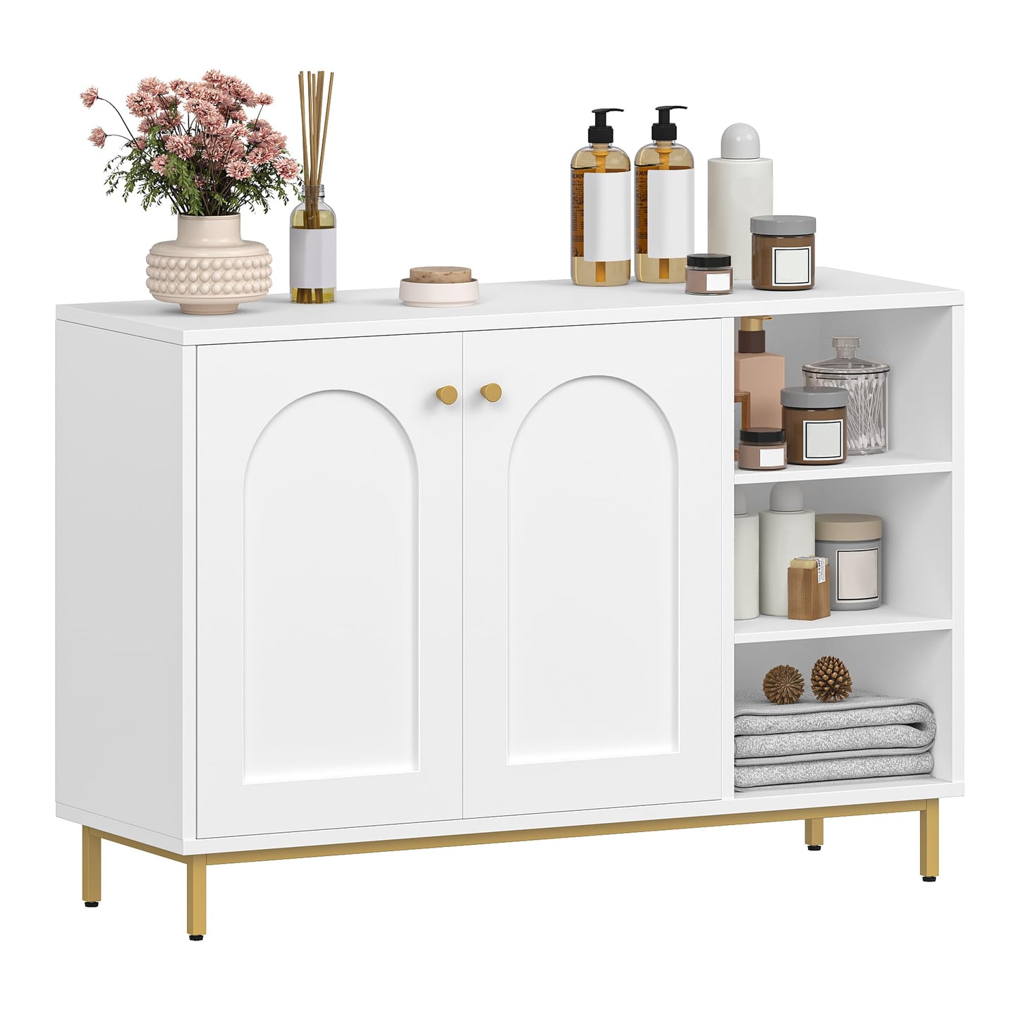 Hzuaneri SC10203G Bathroom Cabinet, Kitchen Cabinet with 2 Doors, Side Cabinet, Sideboard with Open Compartment, Chest of Drawers, Adjustable Shelf, Bathroom, 35 x 100 x 75 cm, White Gold