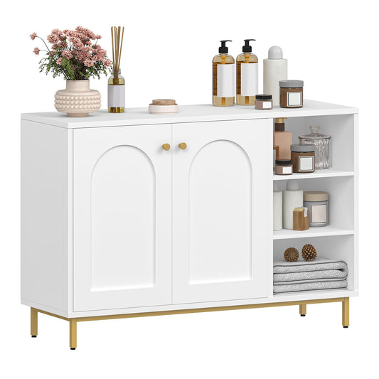 Hzuaneri SC10203G Bathroom Cabinet, Kitchen Cabinet with 2 Doors, Side Cabinet, Sideboard with Open Compartment, Chest of Drawers, Adjustable Shelf, Bathroom, 35 x 100 x 75 cm, White Gold