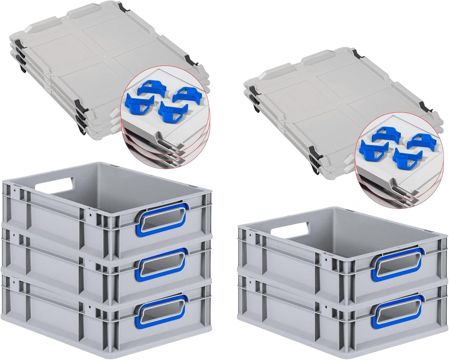 PROREGAL Economy Set of 5 Eurobox NextGen Colour with Lid and Sliding Snap Fasteners, H x W x D 22 x 30 x 40 cm, 20 L, Black, Closed Handles, Euro Container, Transport Box, Transport Container