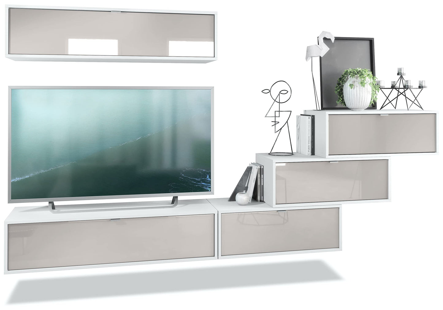 Vladon Lana V1 Wall Unit Made of 5 Hanging Elements with 12 Compartments, Made in Germany, Body in Matte White, Fronts in Bordeaux High Gloss, Large Choice of Colours