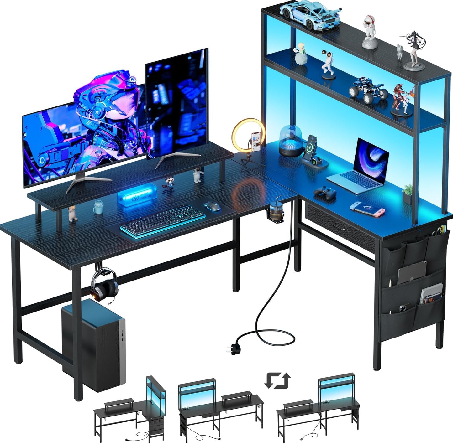 HLONONE Gaming Table with LED, 150 x 100 cm Gaming Desk, L Shape with 3 Sockets and 2 USB, Reversible Corner Desk, PC Corner Table, Computer Desk with Monitor Stand and Countertop Shelf, Black