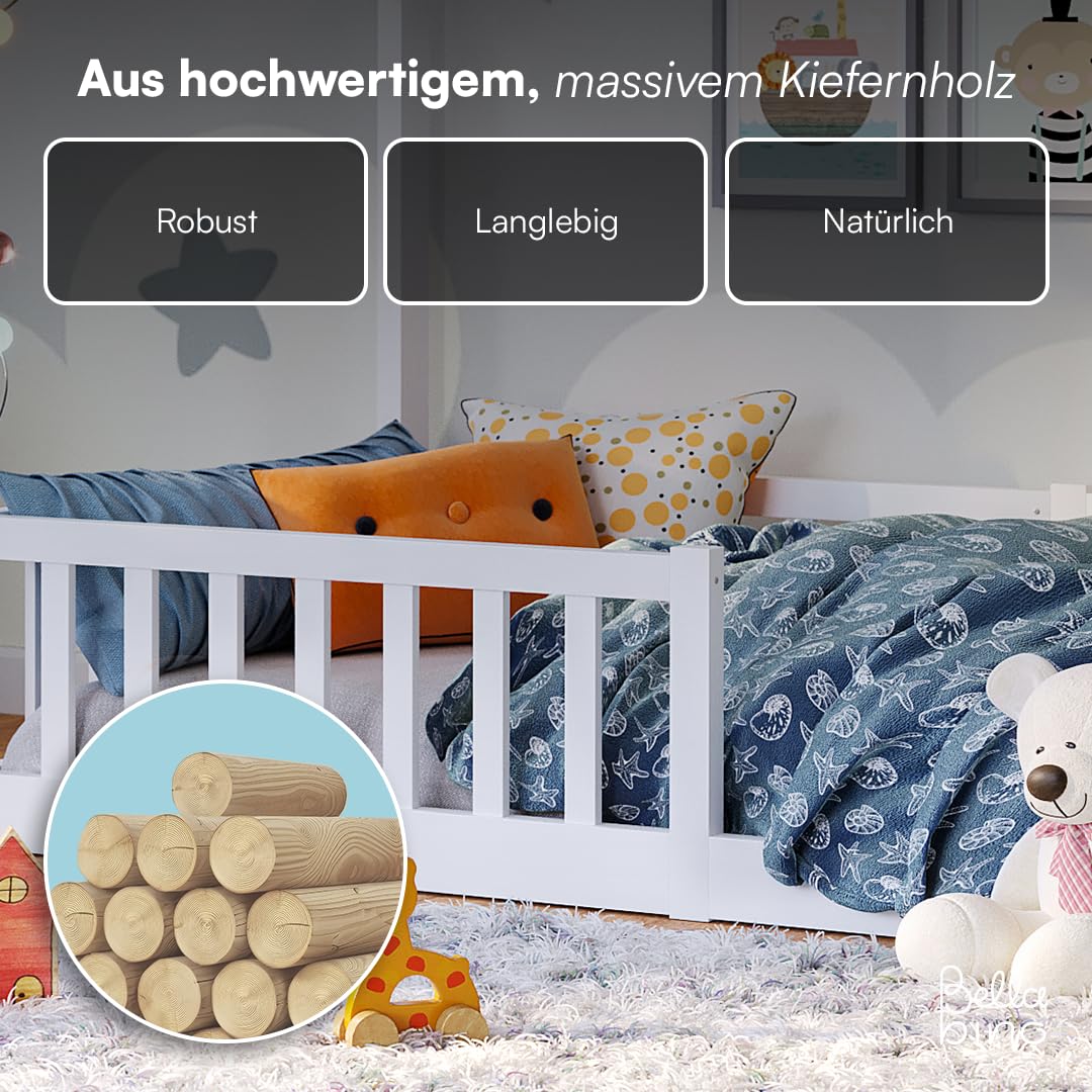 Bellabino Bia Children’s Bed, 90 x 200 cm, Children’s House Bed incl. Fall Protection and Rolled Slatted Frame, Montessori Floor Bed, White, Solid Pine Wood