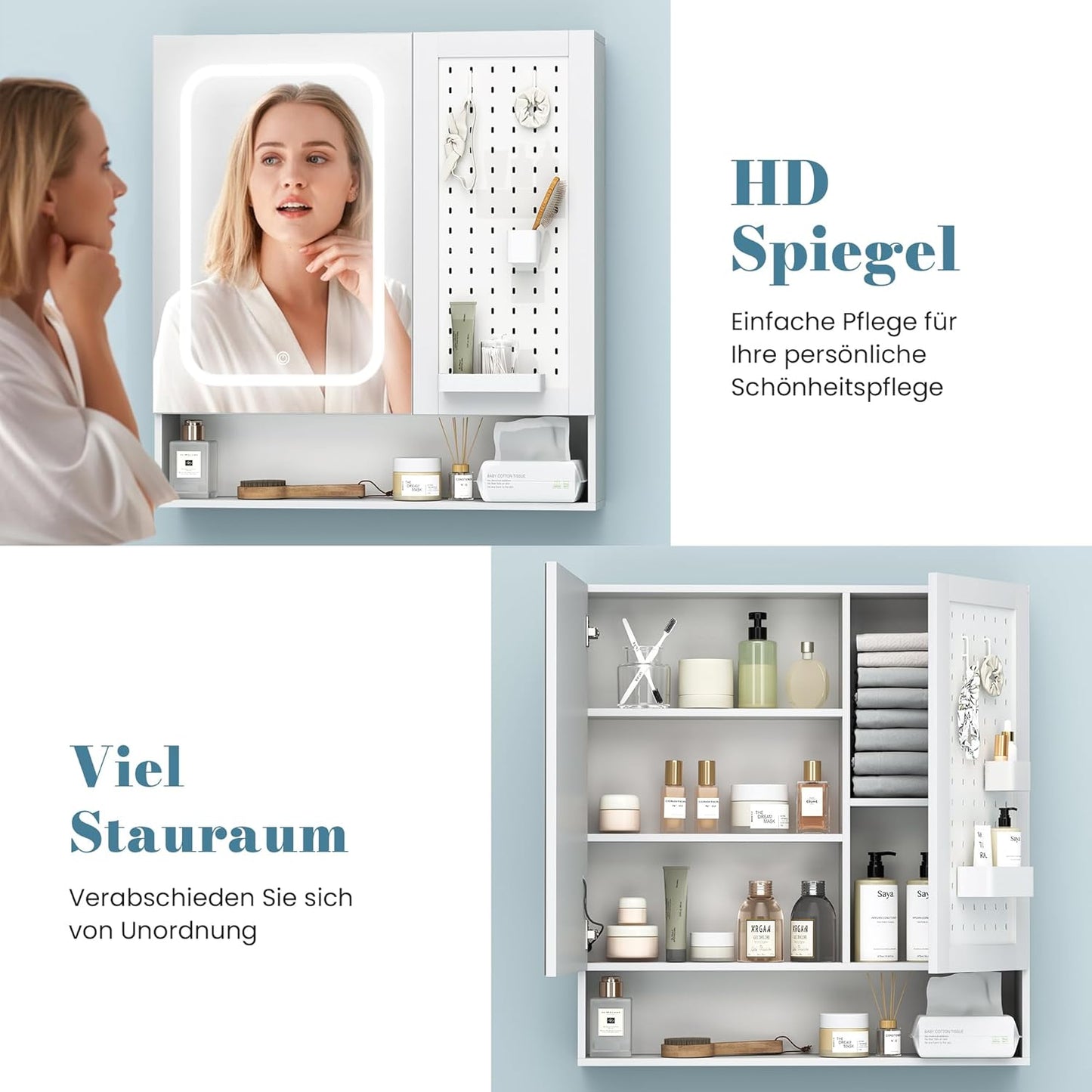 Pamapic Bathroom Mirror Cabinet with Lighting, Bathroom Cabinet with Mirror, Wall Cabinet Bathroom with Pegboard & Adjustable Shelves, Cabinet with Bathroom Mirror, 3 Colours, Dimmable, White