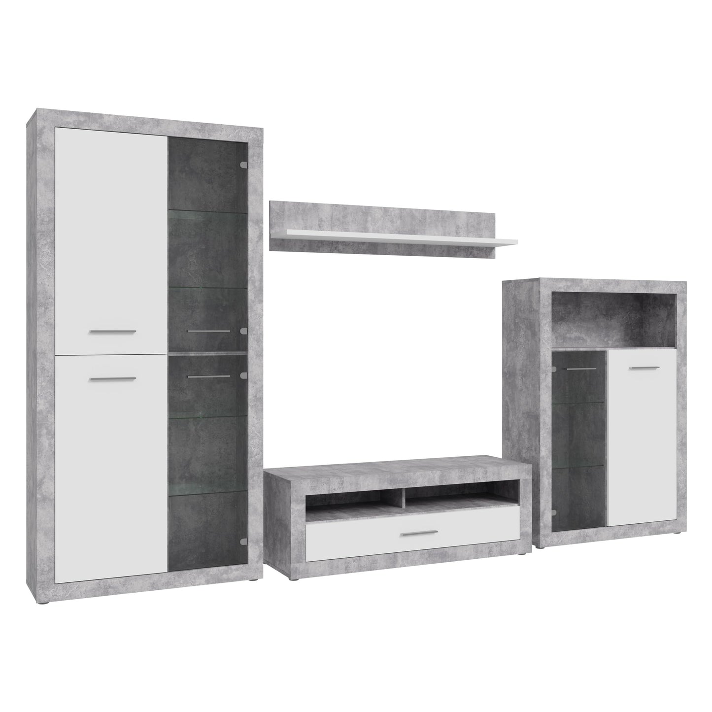 Forte Finley 330 Modern Wall Unit with TV Cabinet, Display Cabinet, Wall Panel and Chest of Drawers, Composite Wood, White with Concrete Look Accents, 328.4 cm Wide x 193.7 cm High x 41 cm Deep