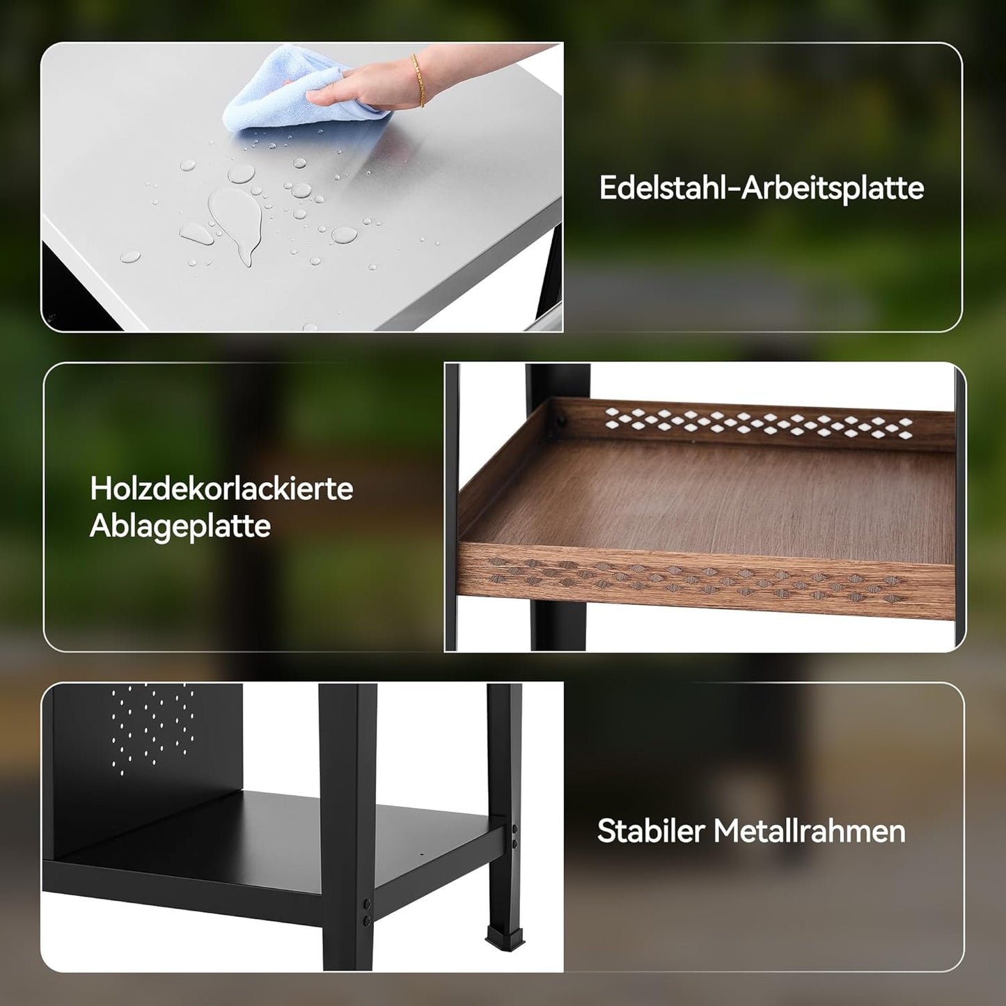 Royal Gourmet Grill Table with 85 x 50 cm Stainless Steel Plate, 3 Tier Grill Trolley for Table Grill and Pizza Ovens, Trolley with Handles, Bin Bag Holder & Storage Shelves, Easy to Clean and Movable