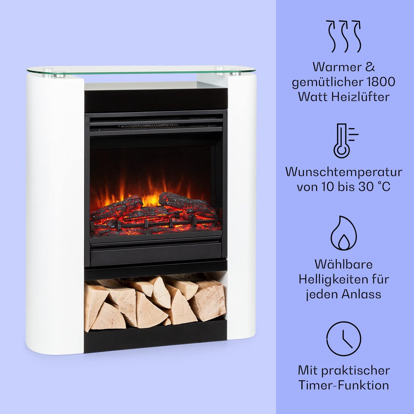 Klarstein Elektrokamin, Elektro Heizungen für Wohnzimmer & Innenräume, Elektrischer Kamin mit LED Flammen, Sparsamer Elektroofen, Heizlüfter mit Timer, Einstellbarer Thermostat, Heizung 1800 W