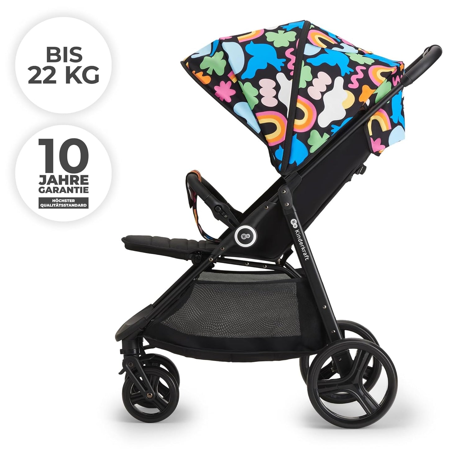 Kinderkraft Grande Plus Kinderkraft Buggy from Birth to 22 kg, Folding with One Hand, Reclining Position, Large Hood with Window, All 4 Wheels Cushioned, Spacious Seat, Happy Shapes