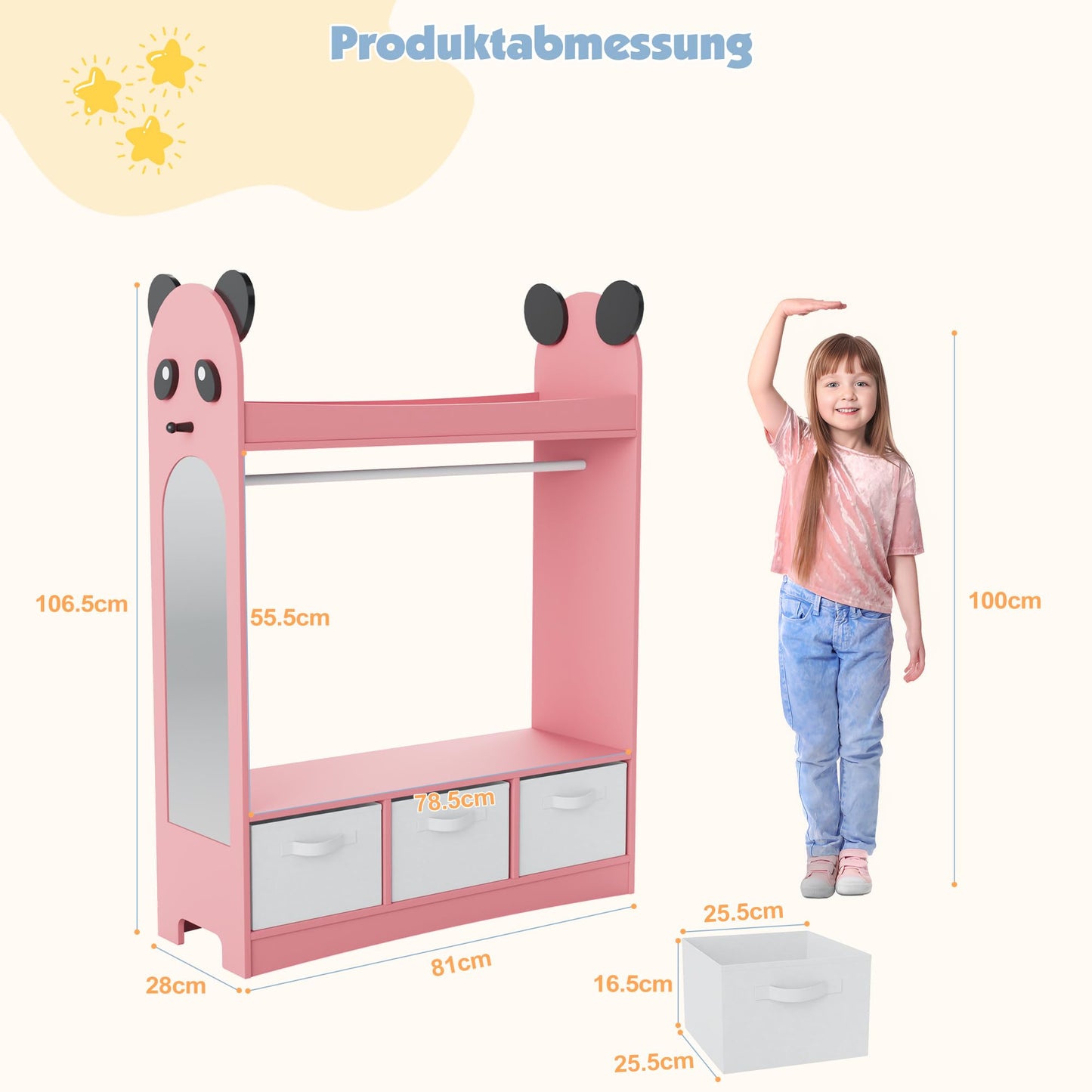 Children's Clothes Rack with Mirror, Clothes Rail with Shelves, Children's Wardrobe Wood, Children's Shelf for Children's Room, 81 x 28 x 106.5 cm (Clouds with 2 Drawers, White)